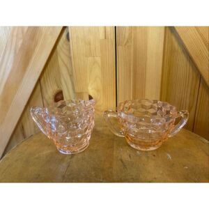Vintage Jeannette Pink Depression Glass Cube/Cubist Sugar and Creamer Set (5708)